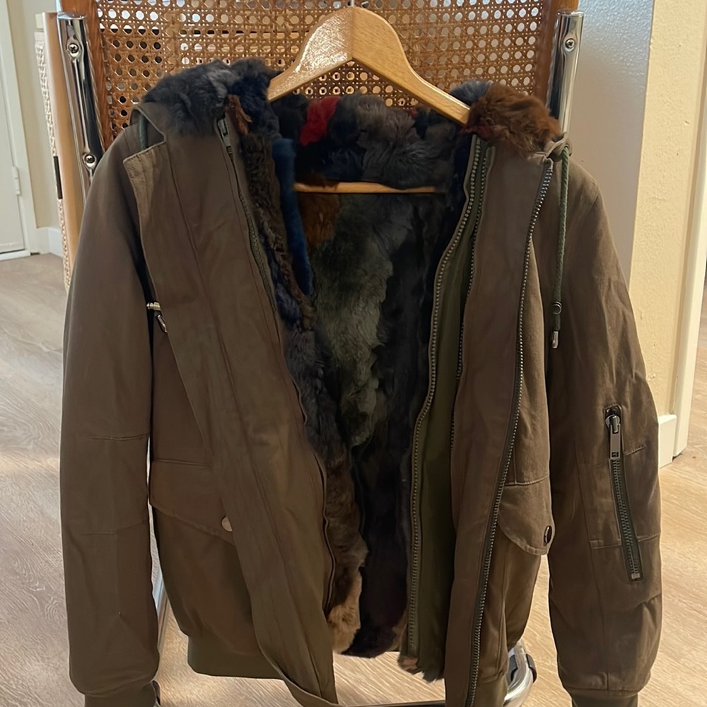 Bomber Jacket with Fox Fur Trim and Detachable Rabbit Fur Vest